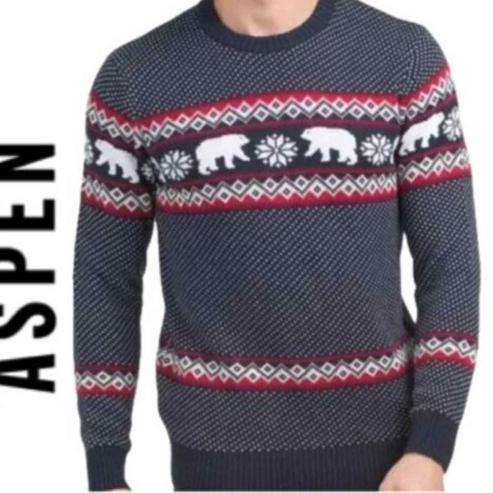 Aspen Men's Navy Polar Bear Snowflake Fair Isle Navy Blue Sweater Size S